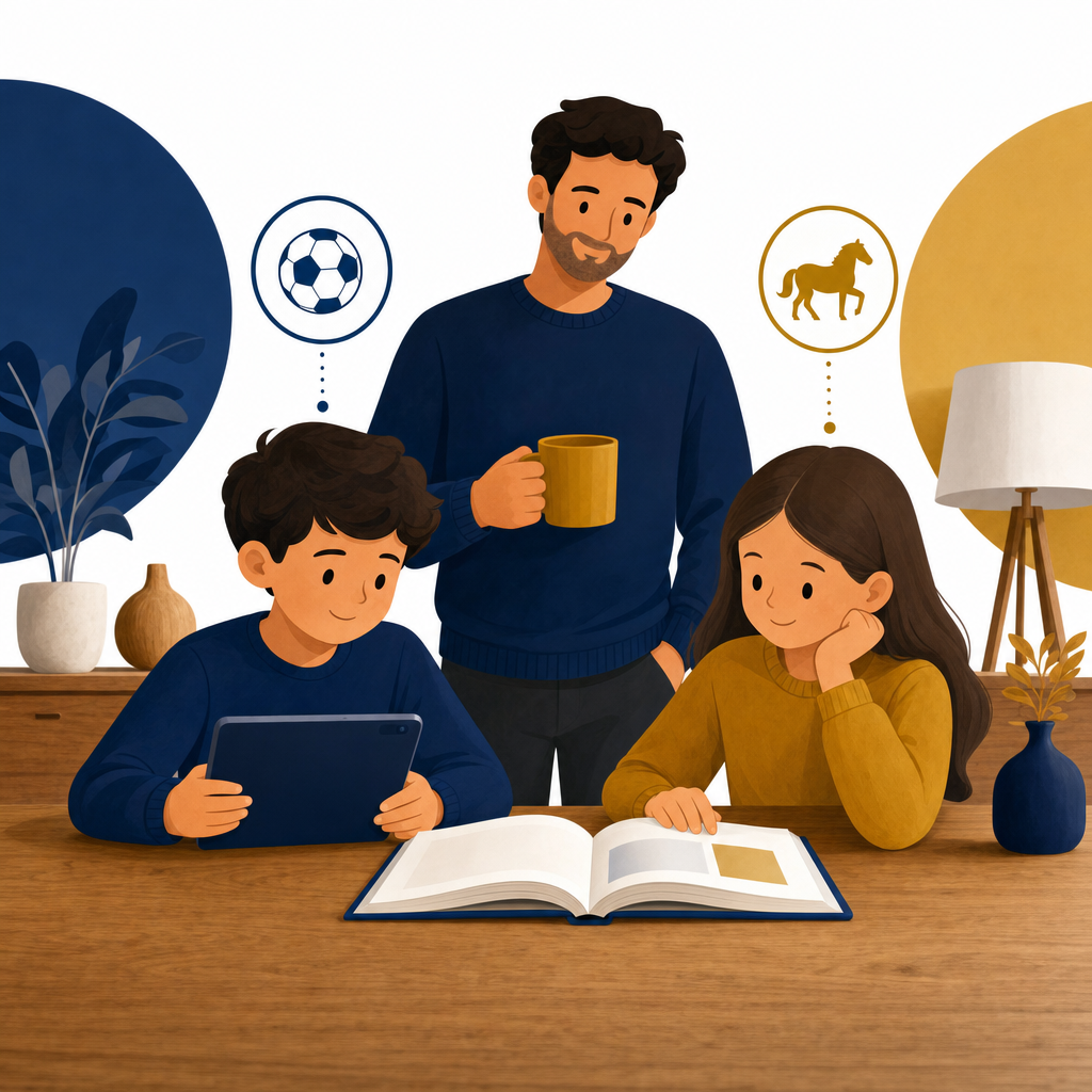Two children study the same book with different examples while a parent relaxes nearby
